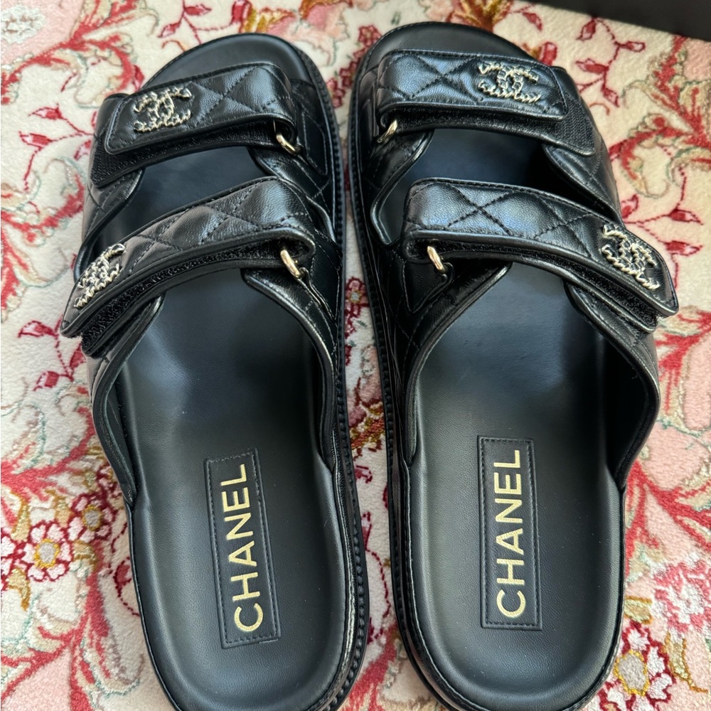CHANEL Black Sandals with Silver Logo - Picture 7 of 14